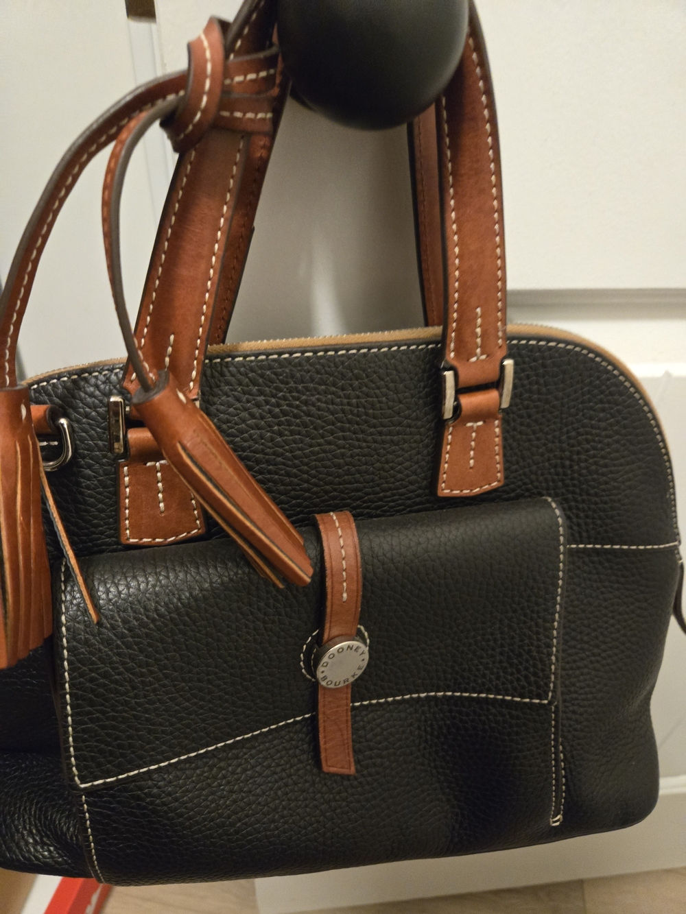 Dooney & Bourke Black Pebbled Leather Satchel with Brown Trim - Picture 2 of 7